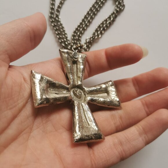 Black Silver Maltese Cross Pendant Necklace Iron Cross Chunky Vintage - Picture 4 of 8